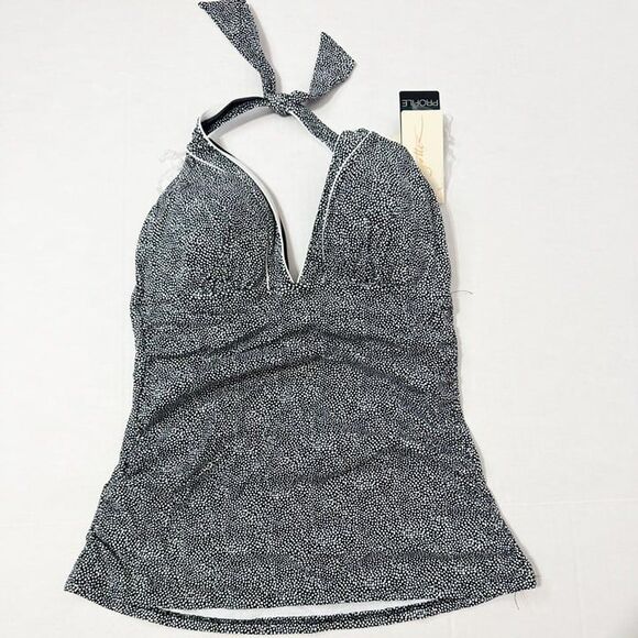 Profile By Gottex NWT Sz 14 Black White Colette V-Neck Halter Tankini Swim Top - Picture 9 of 13